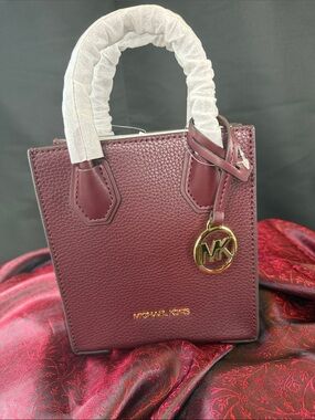 Michael Kors Burgundy Pebbled Leather Mini Satchel with Gold MK Charm
